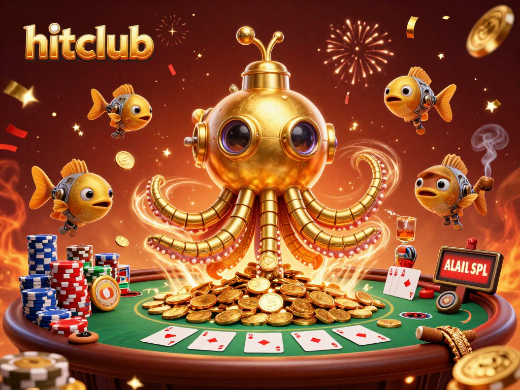 Engage with hitclub's thrilling poker scene featuring a golden kraken submarine and vibrant game elements.