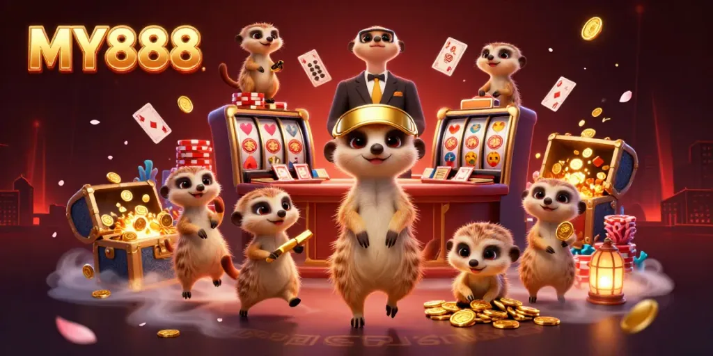 Experience excitement with MY888 in a colorful, vibrant casino scene featuring meerkats and game elements.