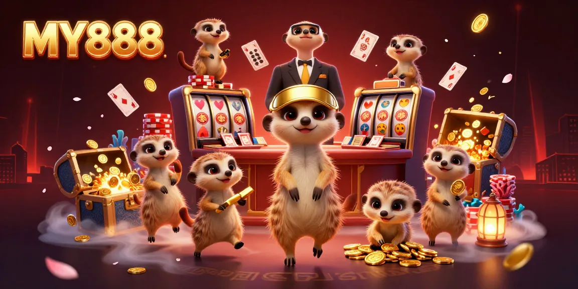 Experience excitement with MY888 in a colorful, vibrant casino scene featuring meerkats and game elements.