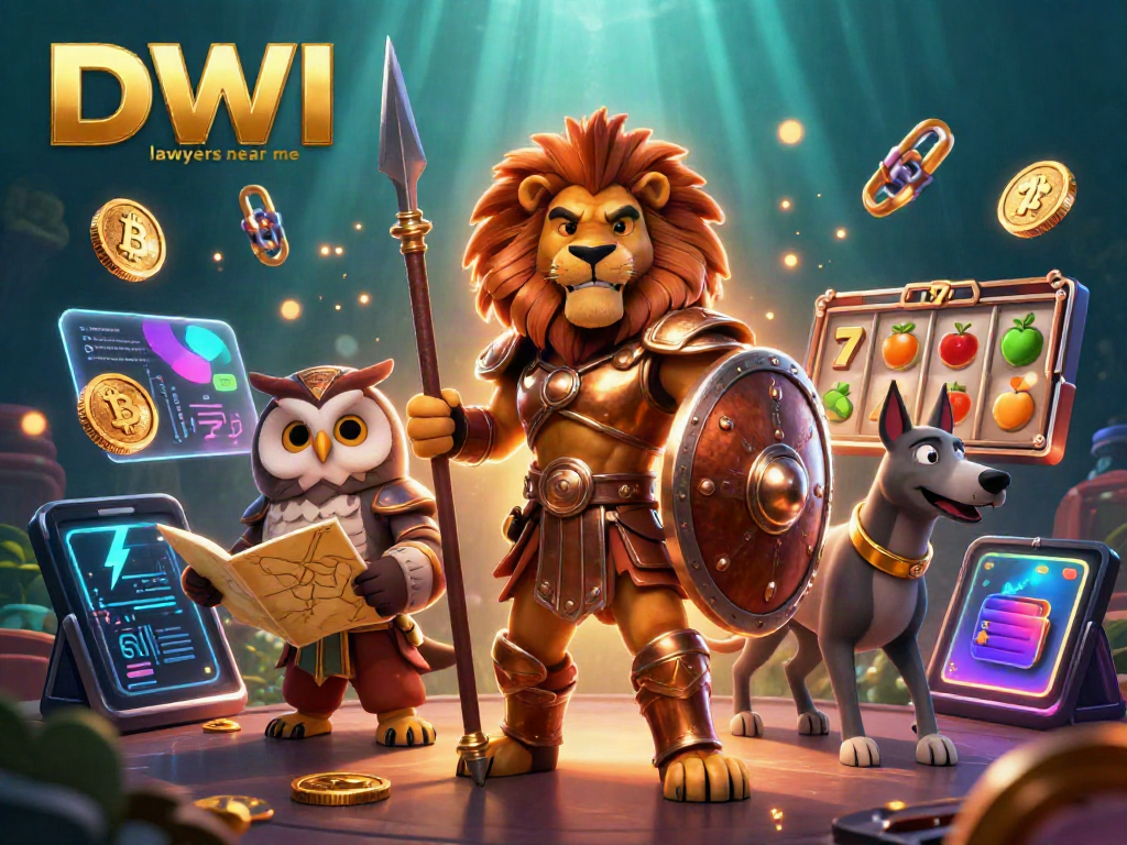 DWI lawyers near me featuring a 3D Spartan lion in a casino scene with slot reels and Bitcoin coins.
