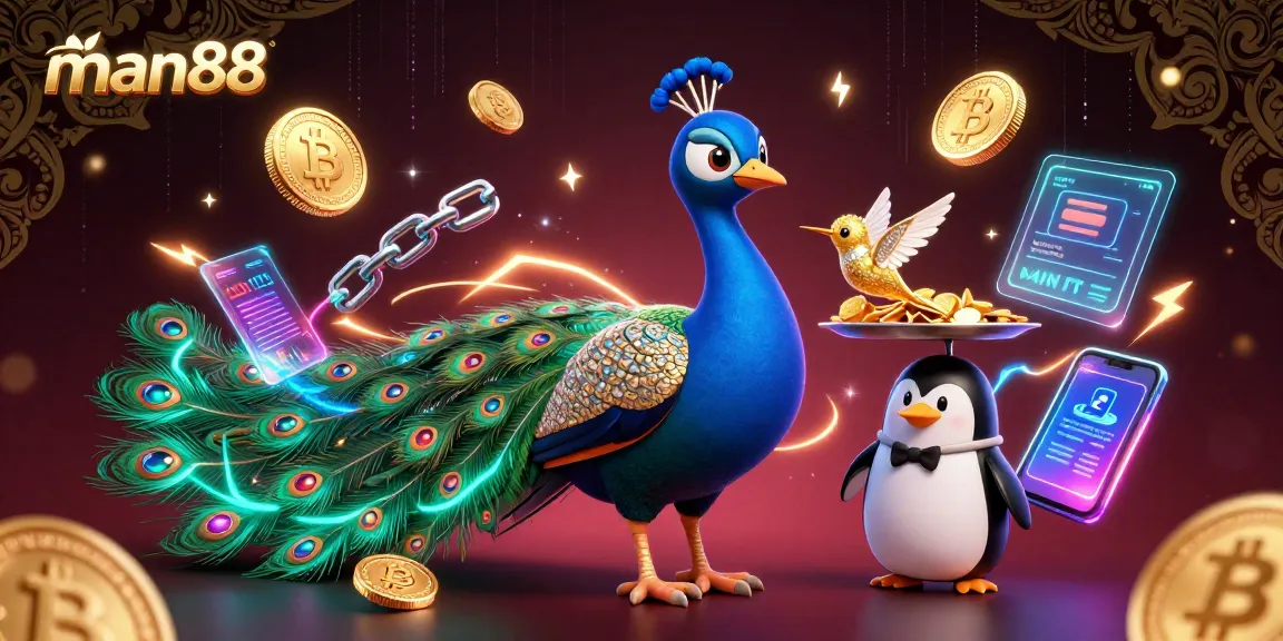 Experience exciting gameplay at man88 with vibrant characters and crypto elements in a dazzling casino scene.