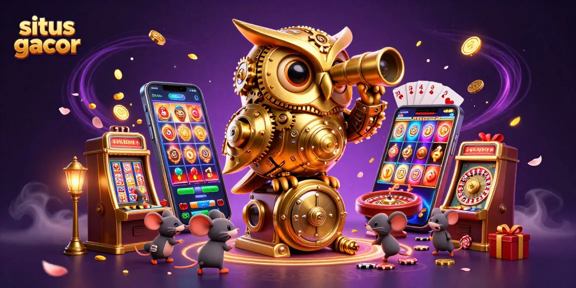 Situs Gacor offers a vibrant 3D casino scene with a clockwork owl and bustling game action.