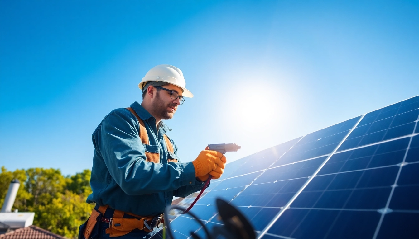 Technician conducting emergency solar panel repair on rooftop with solar installations.