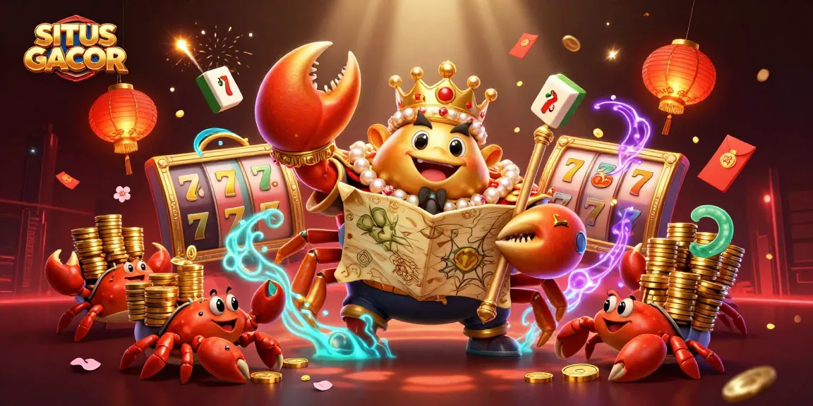 SITUS GACOR showcases an immersive 3D illustration of a golden crab emperor in a vibrant casino scene filled with games and treasures.