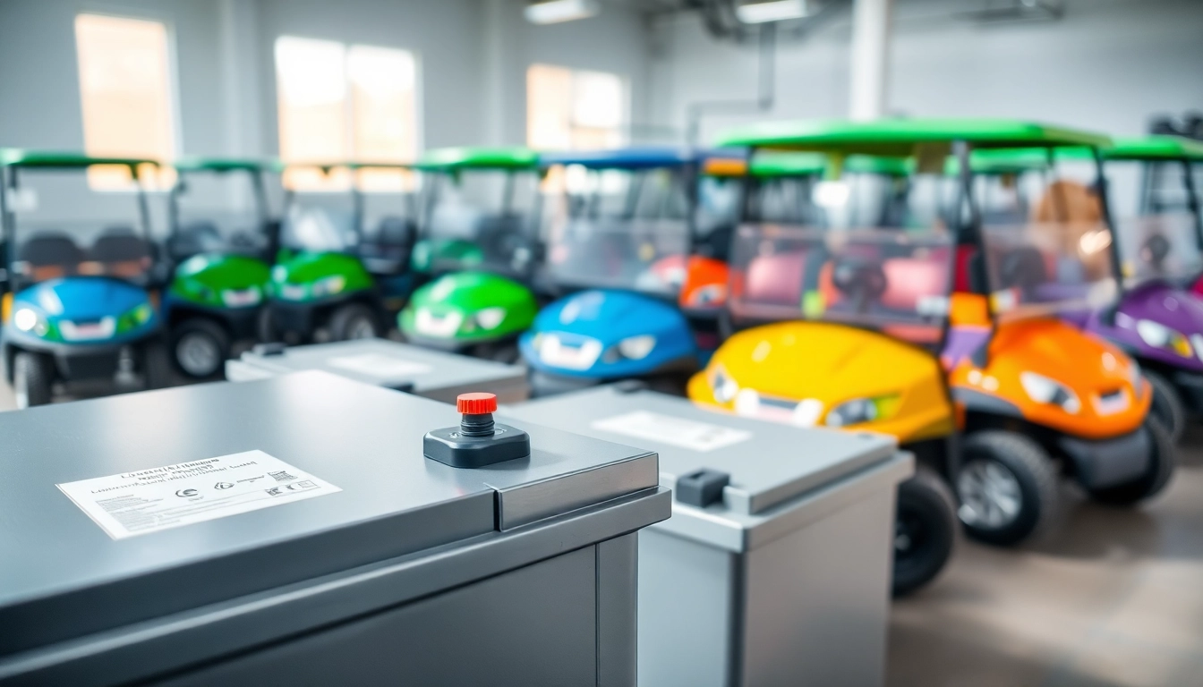 Lithium golf cart batteries displayed prominently in a workshop setting, highlighting their design and utility.