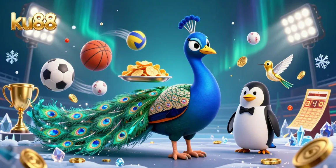 Bet on ku88 with the peacock and penguin in an extravagant casino-themed scene.