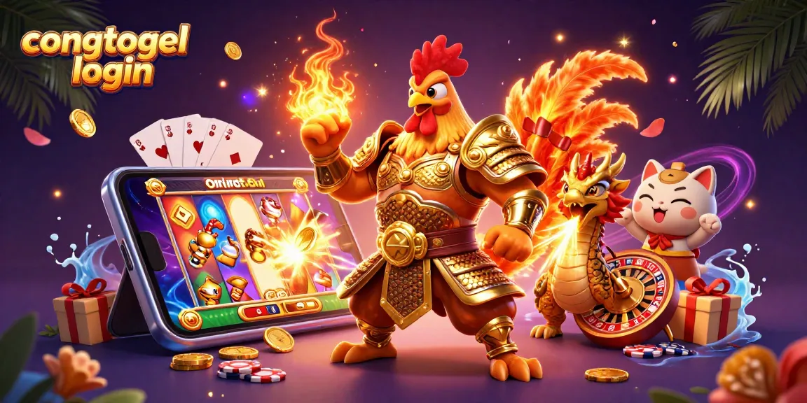 Engage with congtogel login showcasing a rooster warrior and dragon hatchling in a vibrant casino scene.
