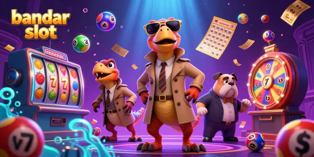 Engage with bandar slot as three playful raptors in a trench coat enter a VIP lounge, surrounded by exciting casino elements.