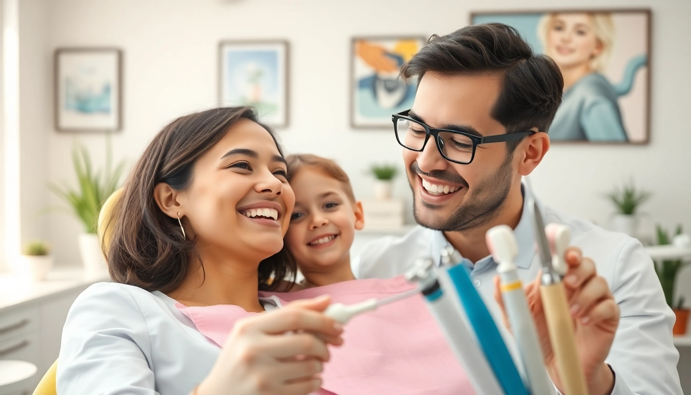 Engaging scene of Family Dentistry in a bright clinic, showcasing a dentist comforting a patient.