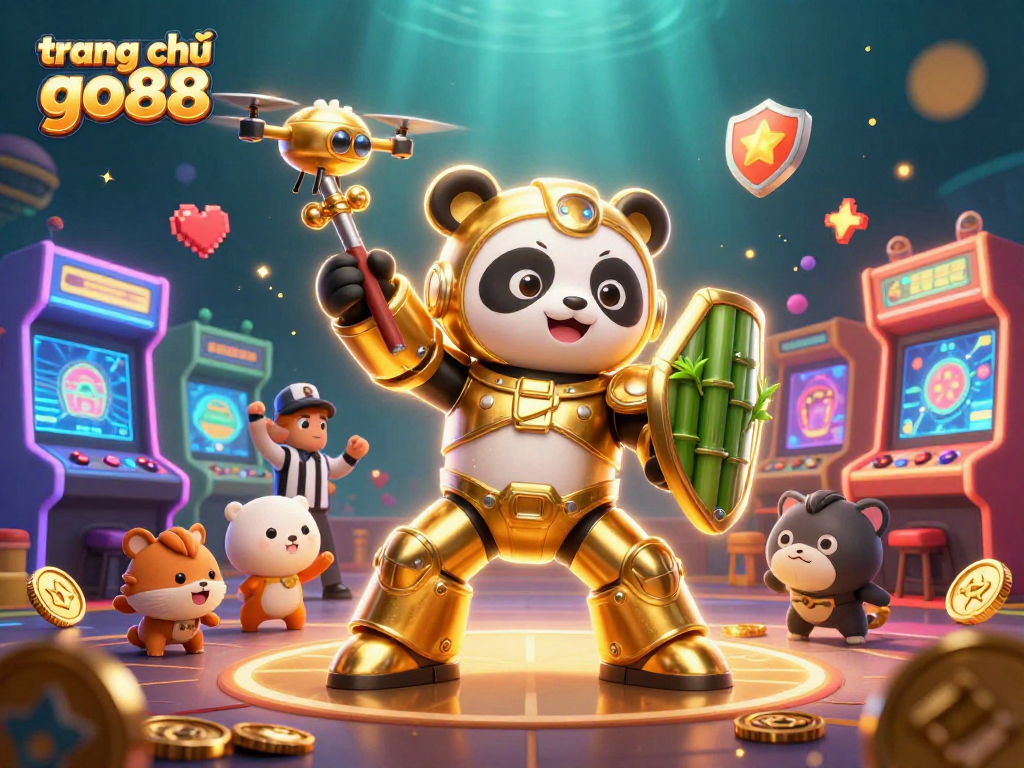 Experience the thrill of trang chủ go88 with a vibrant 3D mech battle alongside golden panda and arcade elements.