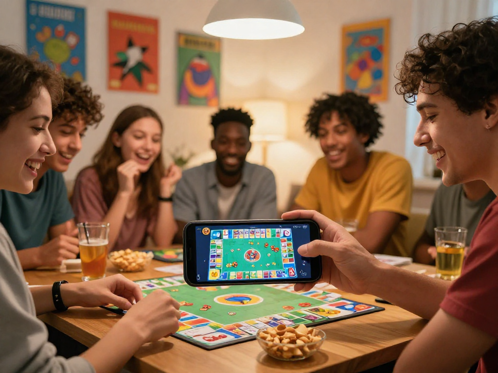 Engaged friends playing ramble rummy on a smartphone during game night, showcasing various rummy formats.