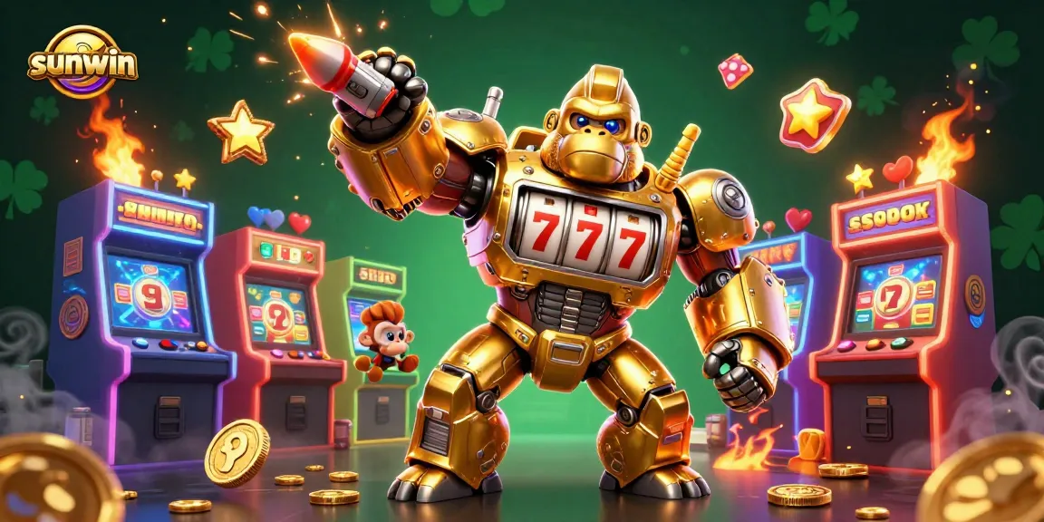 Engage in thrilling slots with sunwin's golden gorilla mech and vibrant gaming arcade elements.