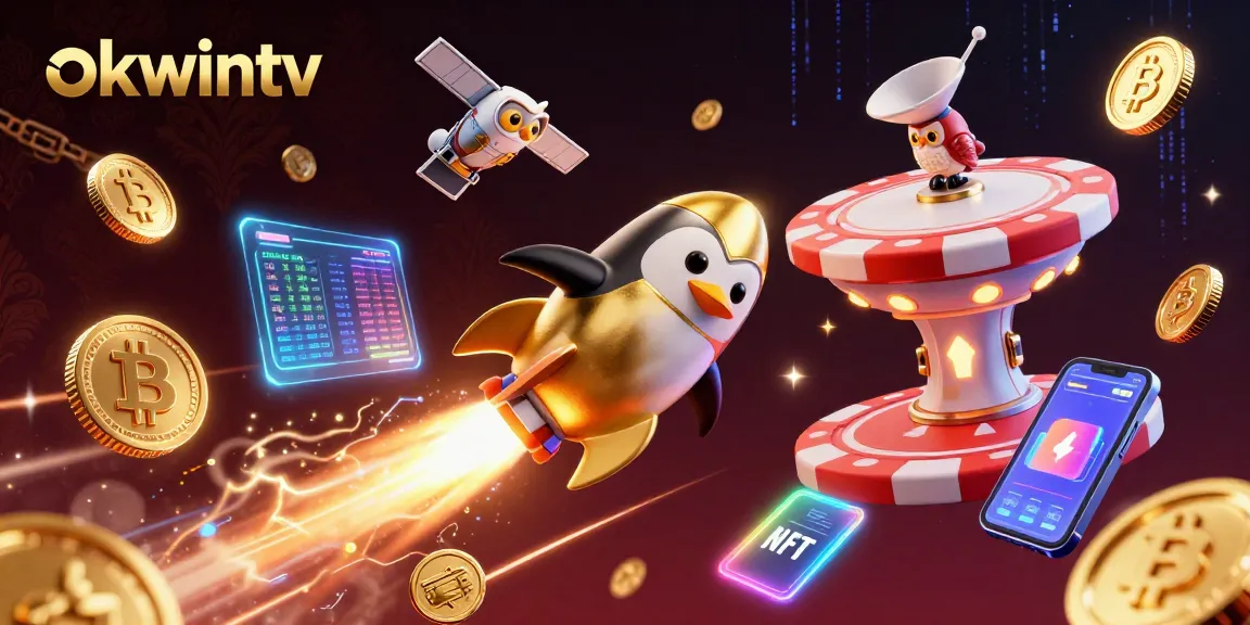 Experience the thrill of okwintv with golden penguins soaring past crypto symbols and a casino space station.
