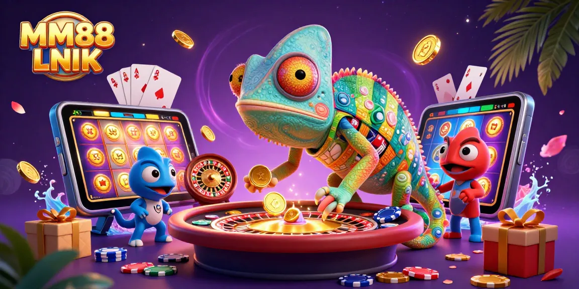 Engage with MM88 LNIK: colorful casino action featuring a chameleon owner and dynamic gaming elements.