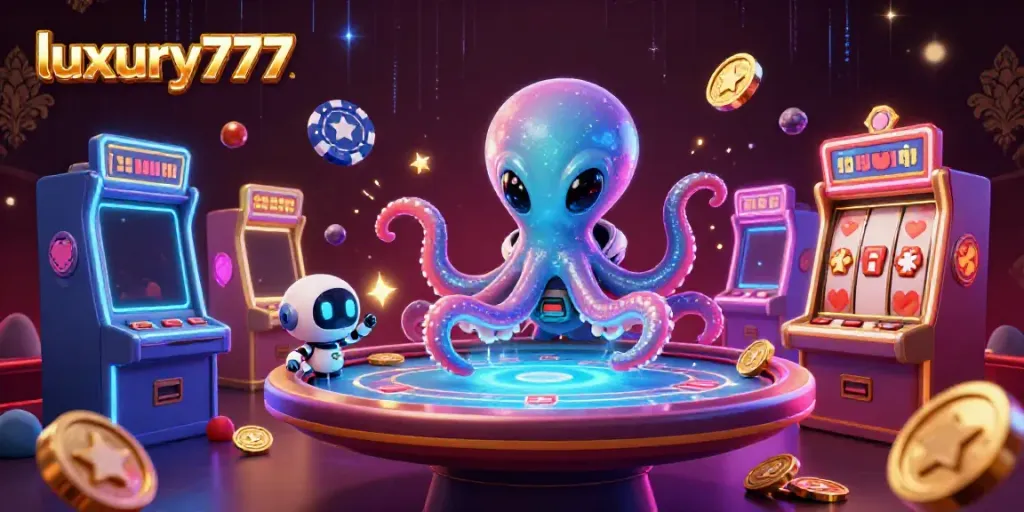 Experience the thrills of luxury777 gaming with a vibrant 3D scene featuring unique characters and slot machines.