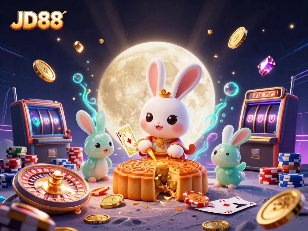 Engage in thrilling gaming adventures with JD88, featuring a whimsical scene of a moon rabbit revealing poker chips.