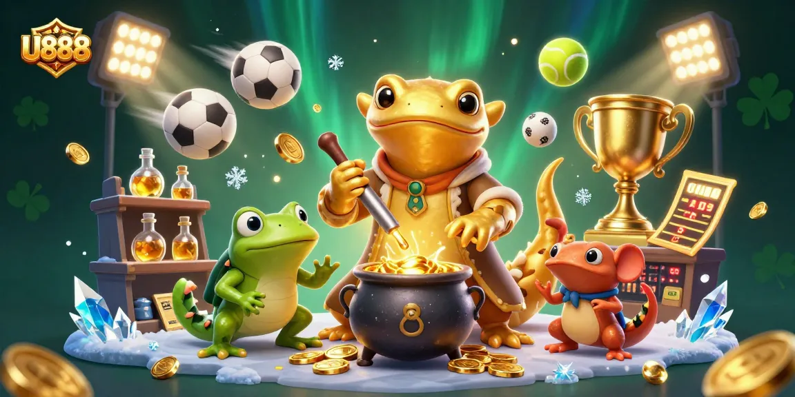 Experience the excitement of U888's golden wins with dynamic 3D elements in this illustrative scene.