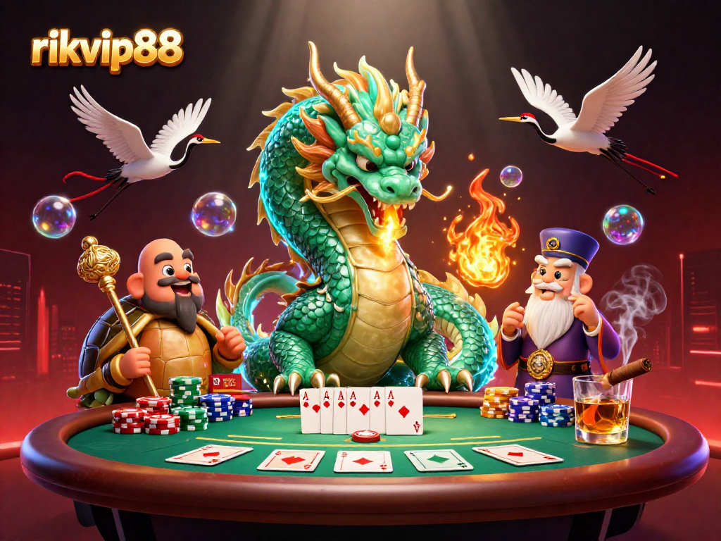 Experience thrilling gameplay with rikvip88 in a dynamic, immersive casino scene featuring dragons and poker elements.