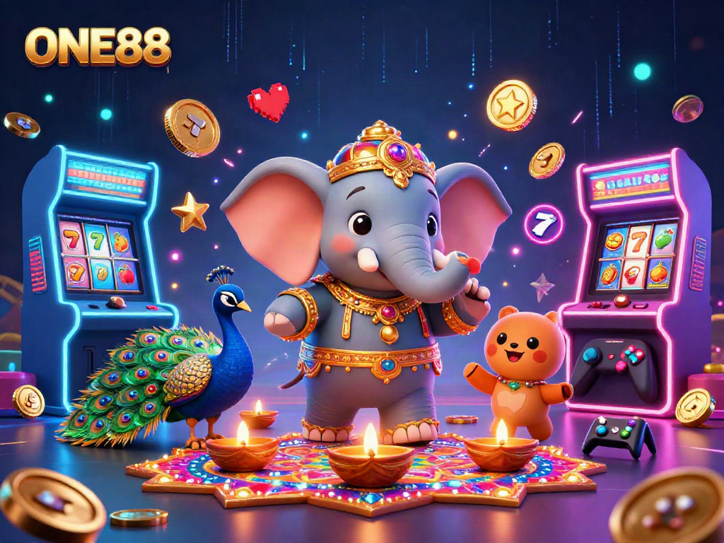 Engage in vibrant gaming with ONE88's Diwali-themed illustration featuring fun visuals.