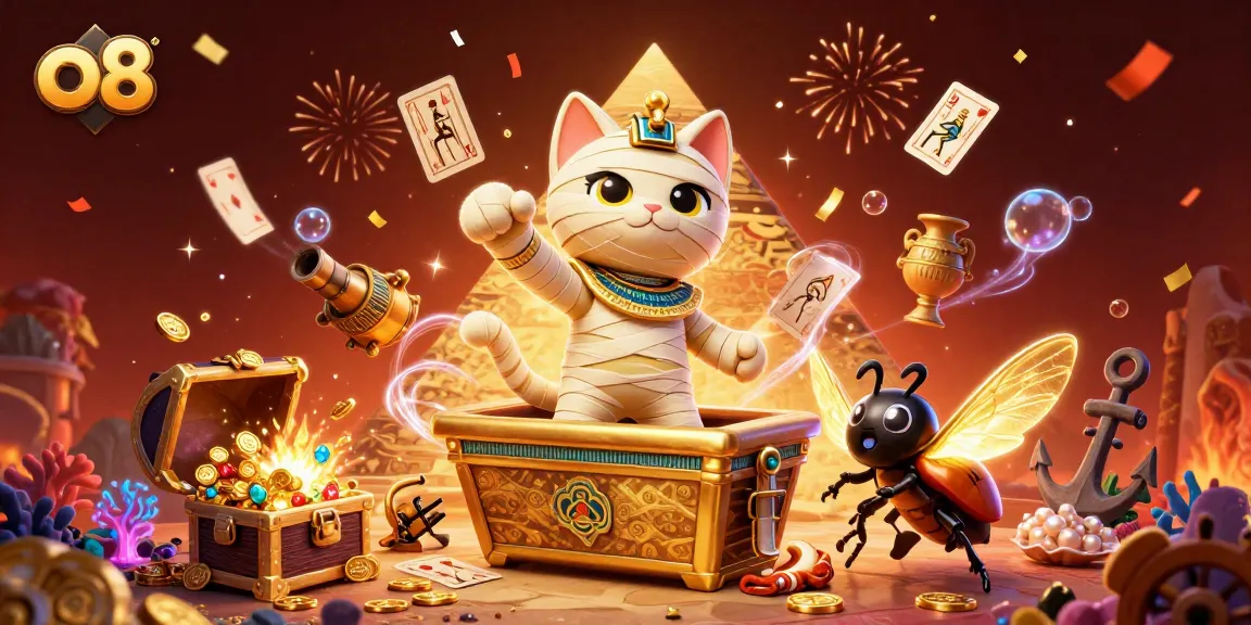 Explore exciting games at o8 with vibrant 3D visuals of mummy cats and treasures in a casino