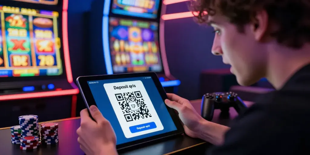 Player using slot deposit qris for fast online gaming with vibrant graphics.