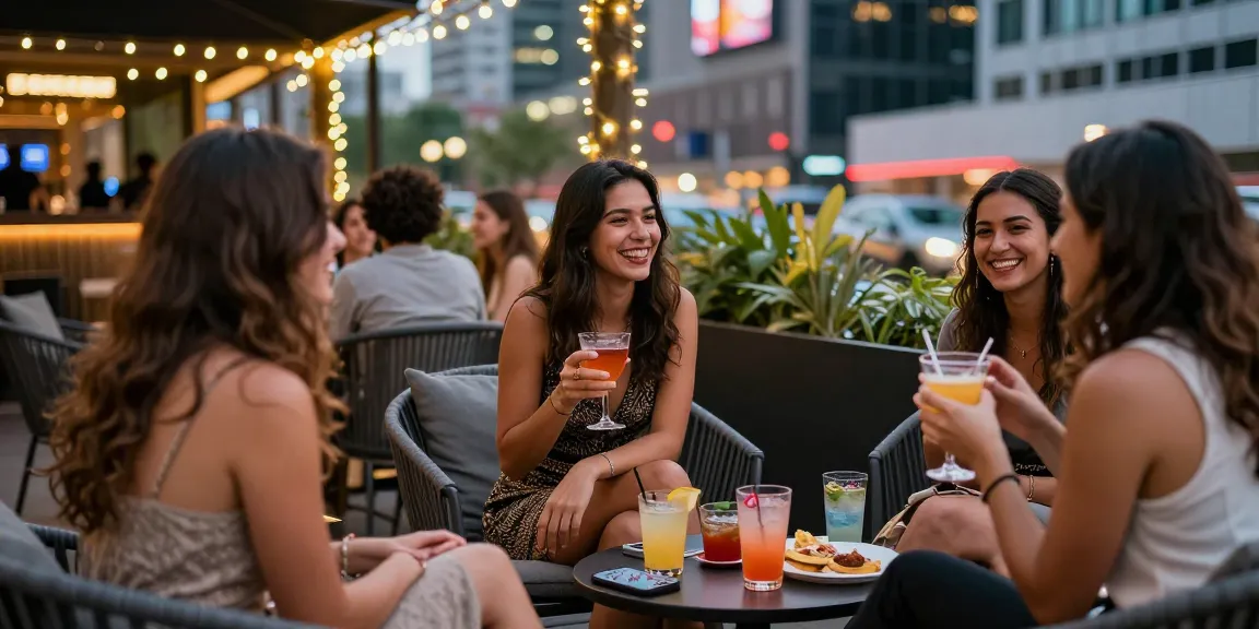 Gái gọi đang tận hưởng buổi tối sôi động tại quán bar ngoài trời.