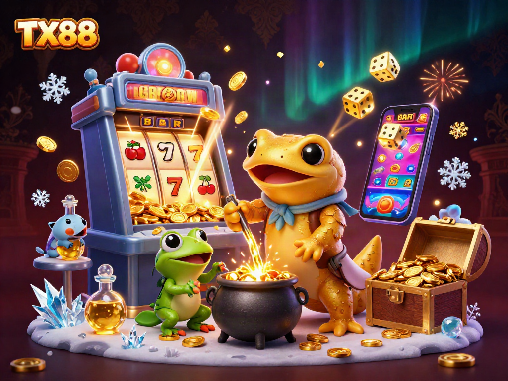 Experience TX88's dynamic casino scene filled with golden winnings and engaging characters.