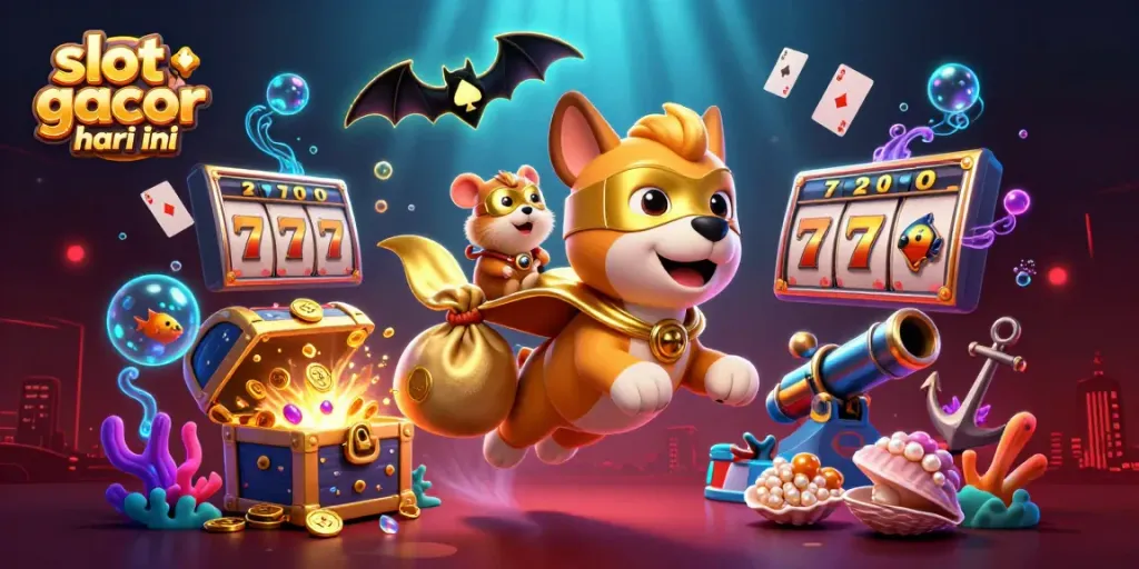 Ilustrasi 3D slot gacor hari ini menampilkan superhero anjing dan hamster yang terbang dengan koin emas
