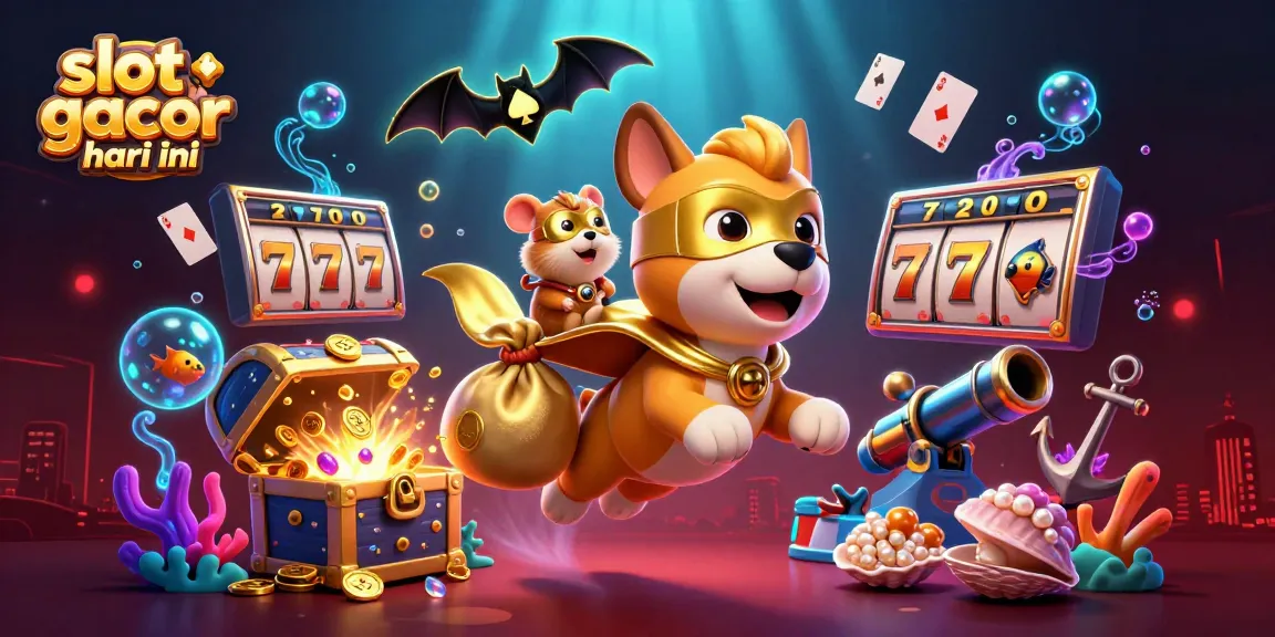 Ilustrasi 3D slot gacor hari ini menampilkan superhero anjing dan hamster yang terbang dengan koin emas
