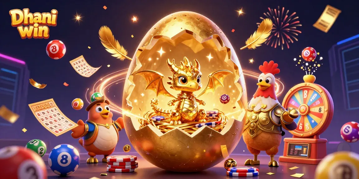 Dhani win showcases a dazzling baby dragon and poker chips amidst a vibrant gaming celebration filled with lottery balls.