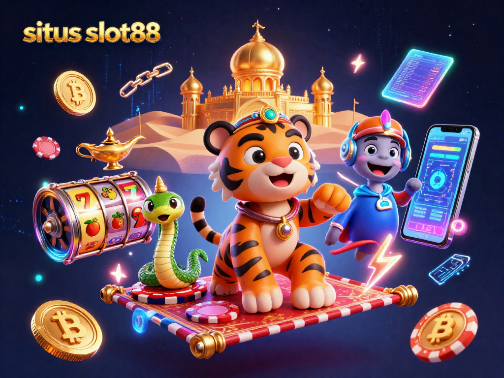 Spin to win on situs slot88 with a vibrant casino scene featuring slot reels and crypto elements.