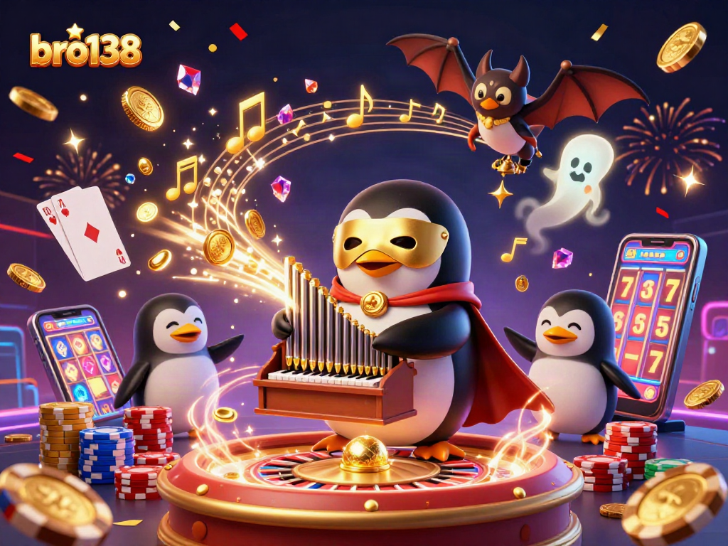Engage with bro138's thrilling casino games featuring a penguin playing organ and vibrant treasure elements.