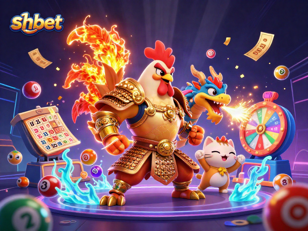 Engaging shbet casino scene featuring a fighting rooster, dragon hatchling, and fortune cat amidst dynamic lottery elements.
