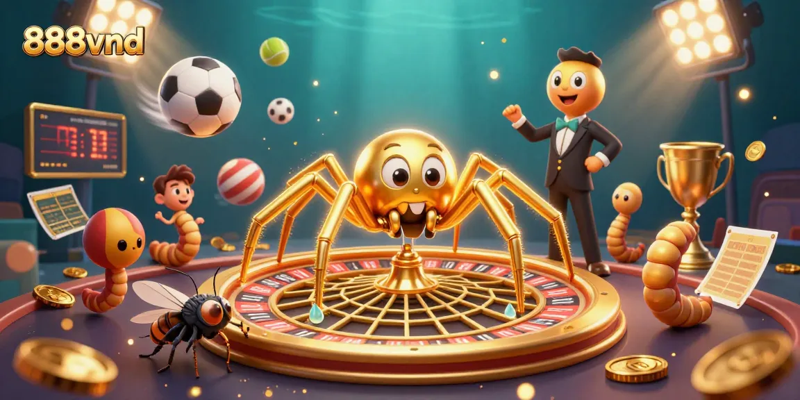 Experience 888vnd with a thrilling visual of a cartoon spider and centipede croupier in a vibrant casino scene.