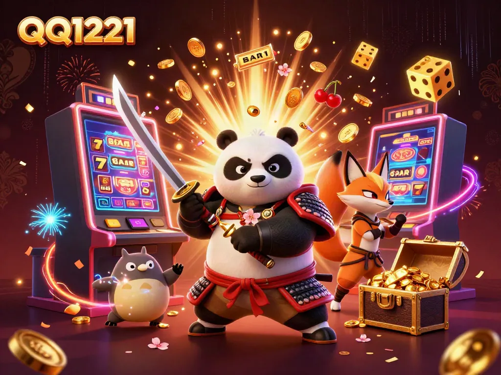 Experience QQ1221 slots with dynamic samurai and fox characters amid exploding jackpots and casino elements.
