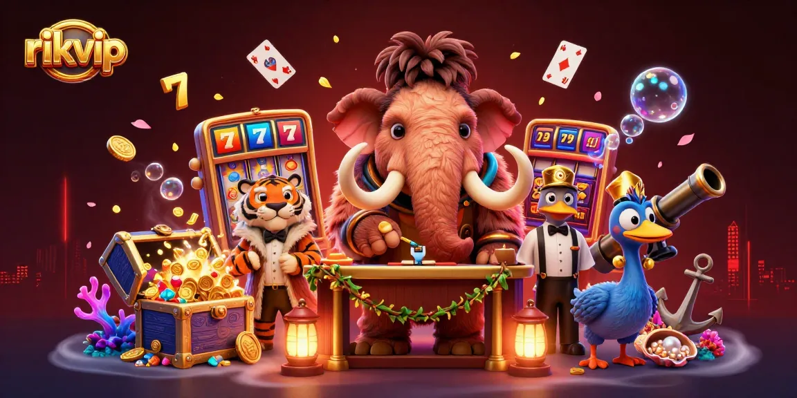 Explore the exciting world of rikvip with a captivating 3D casino illustration featuring unique characters and game elements.