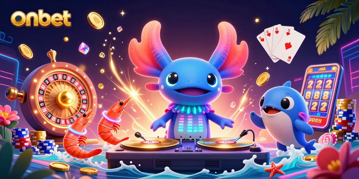 Experience thrilling casino fun with onbet's vibrant 3D axolotl DJ spinning in an underwater party scene.