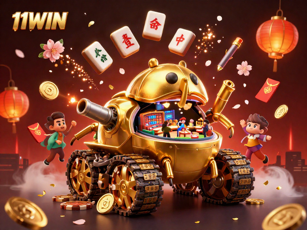Engage with the vibrant world of 11WIN featuring a golden beetle tank casino scene bursting with exciting elements.