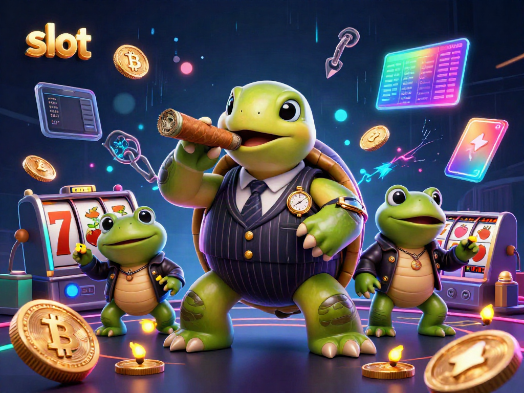 Bermain slot dengan karakter unik di kasino bergaya 3D, menampilkan simbol mesin slot dan koin cryptocurrency.