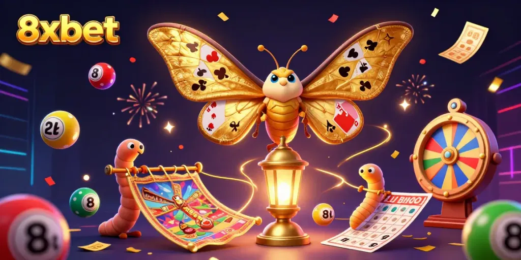 Join the excitement at 8xbet with a vibrant illustration showcasing lottery balls and a mesmerizing moth.