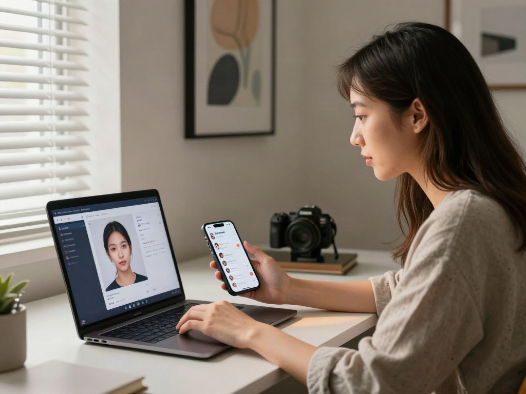 Using AI technology to ask how old do I look, a young woman analyzes her age estimation with a laptop.