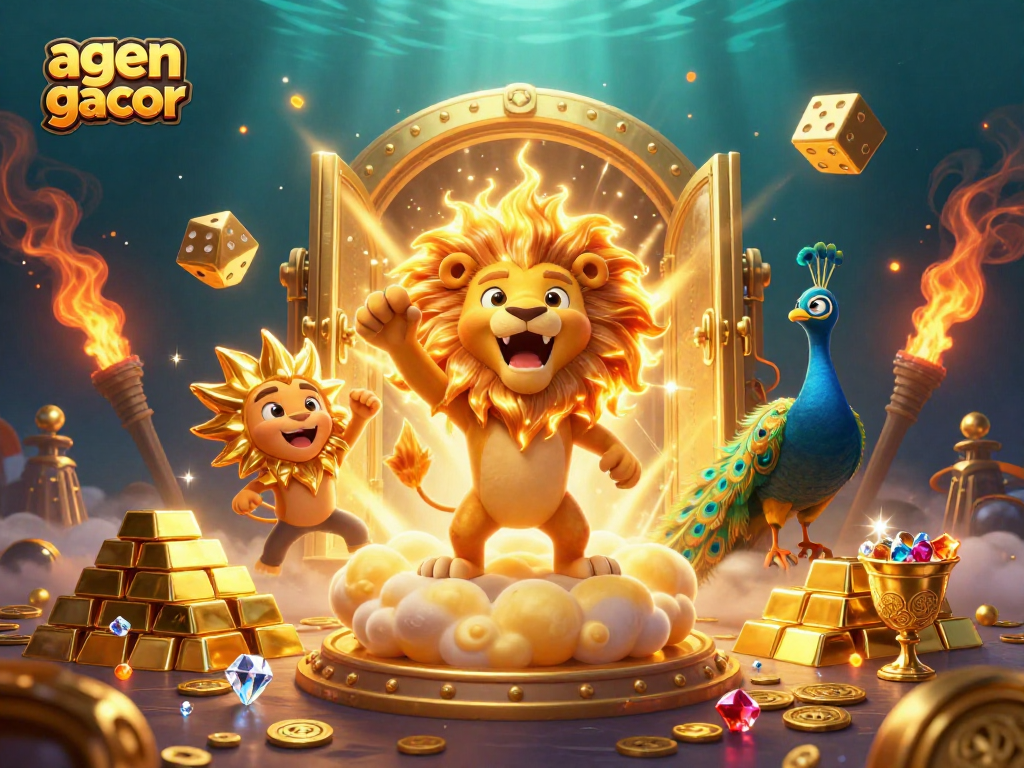 Experience epic wins with agen gacor in this vibrant casino illustration featuring golden treasures.