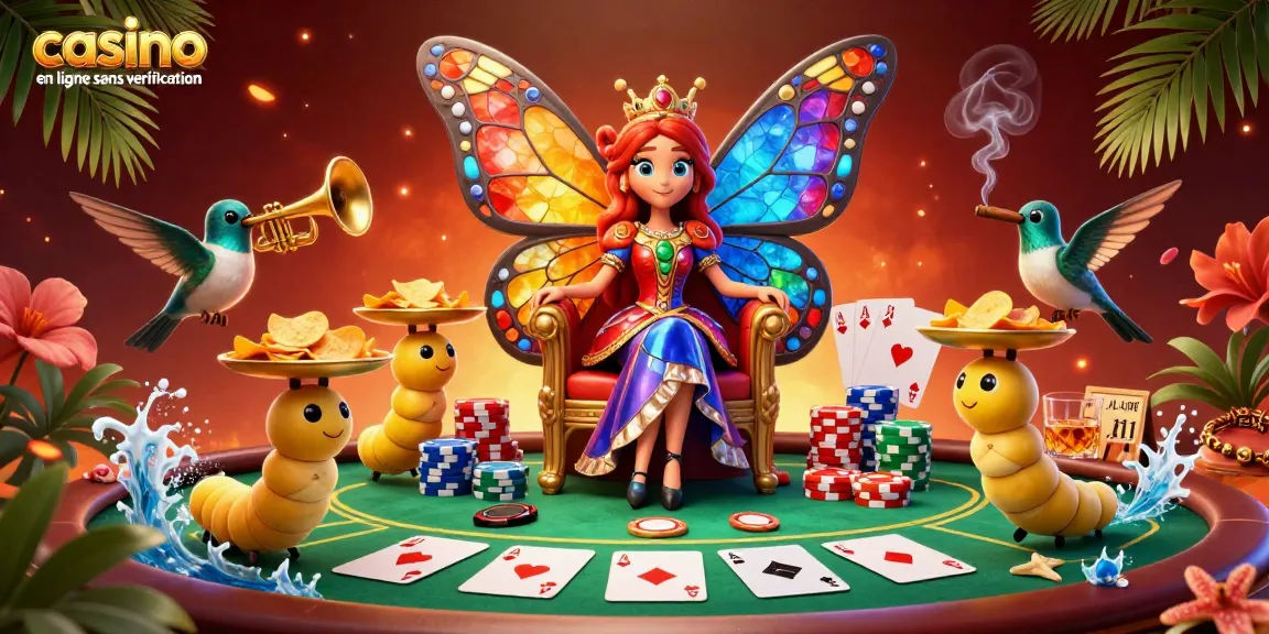 Illustration dynamique de la reine papillon avec "casino en ligne sans vérification" au poker entourée de jetons et de couleurs vives.