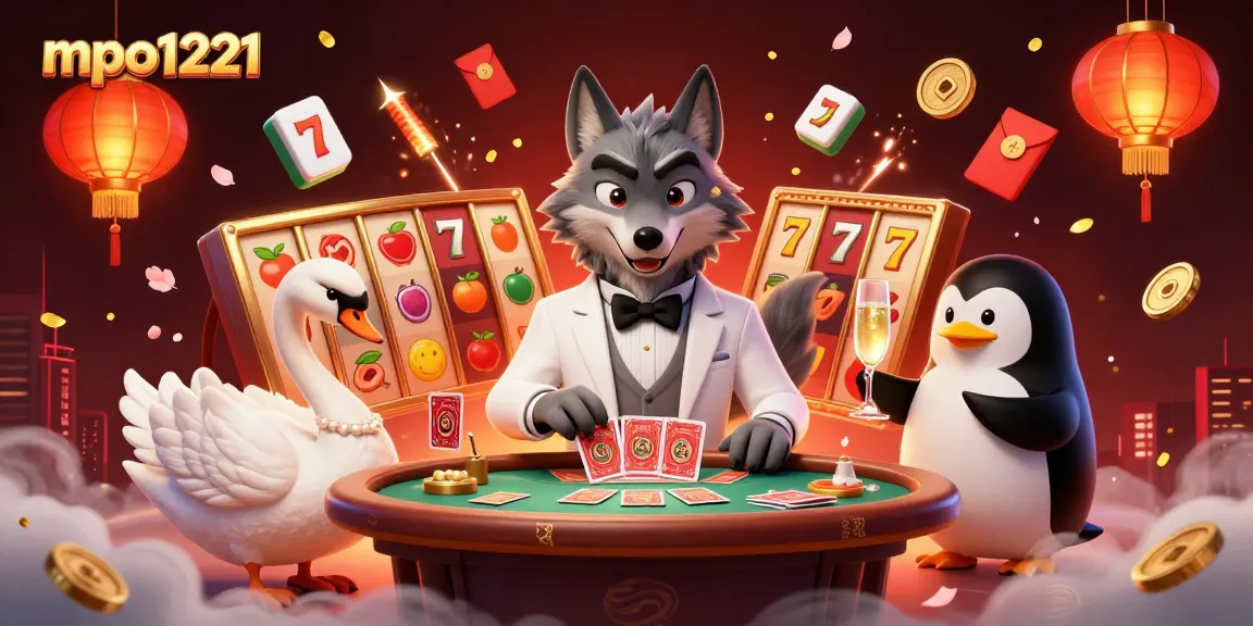 Engage with mpo1221 casino excitement as a wolf, swan, and penguin enjoy a lively gaming scene.