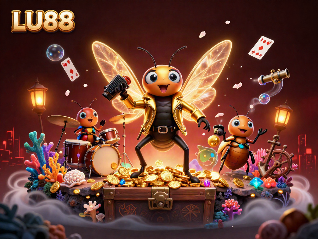 LU88 engages players with a vibrant rock star casino illustration filled with treasures and gaming elements.