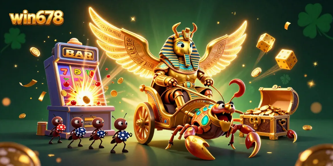 Engage with win678 as the golden scarab beetle leads you to jackpot wins in a vibrant 3D casino scene.
