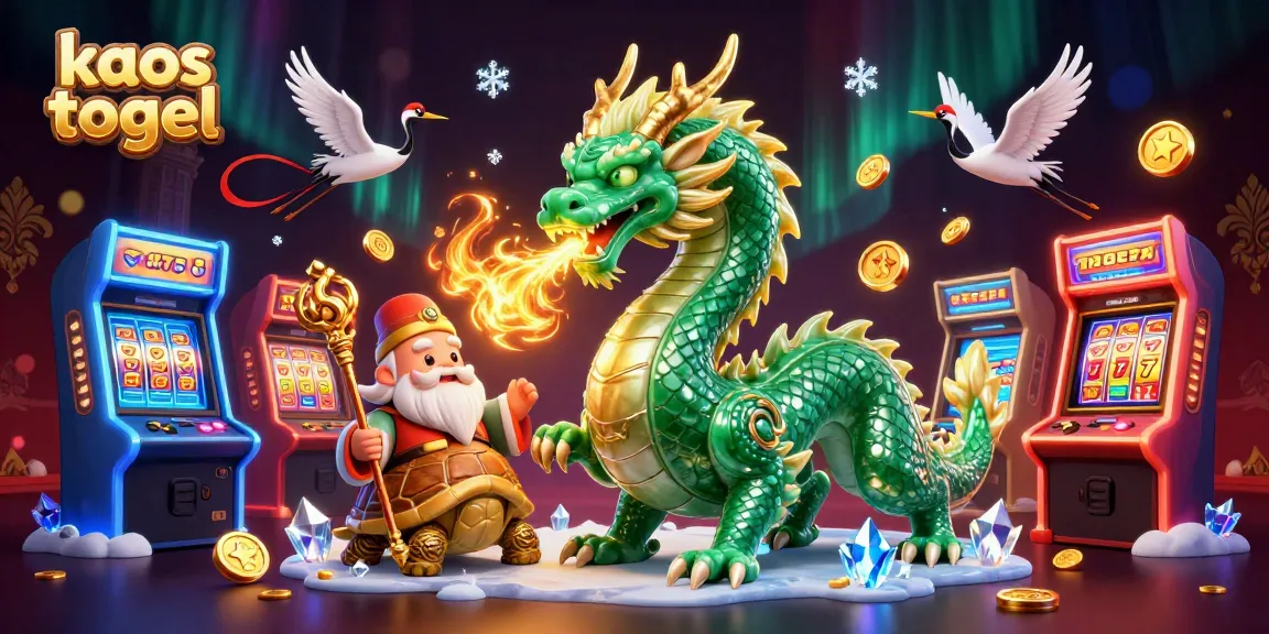 Enjoy thrilling kaos togel adventures with a jade dragon, turtle sage, and lucky cranes amidst vibrant arcade elements.