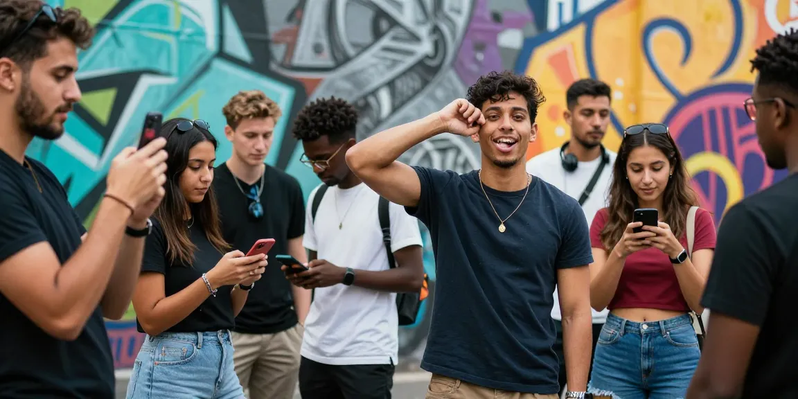 Young adults enjoying a social moment while testing attractiveness in a vibrant urban setting.