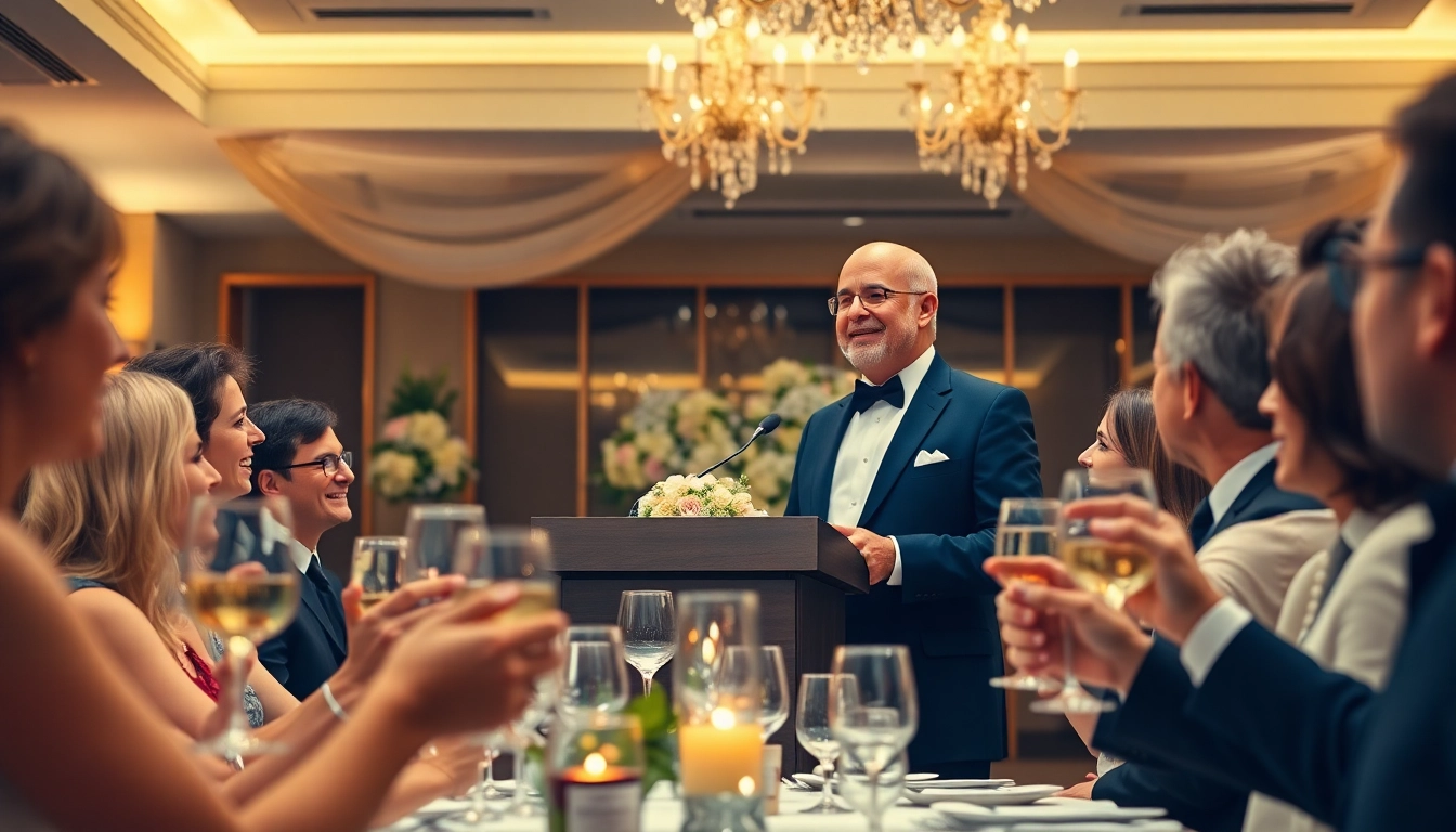 Gentleman giving a toast during a celebratory event with guests engaged.
