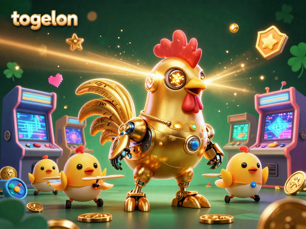Engage in togelon adventures with a golden rooster robot and baby chick drones at a lively arcade.